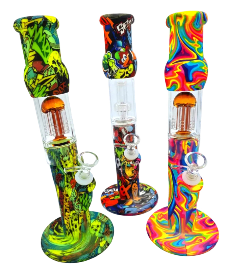 12 inches silicon printed design round base straight glass percolator/showerhead water pipe