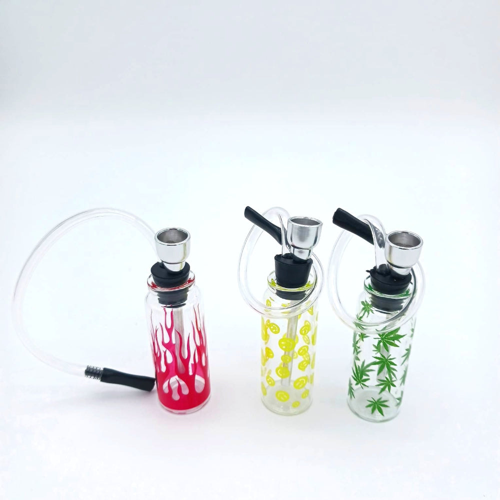 12 count bottle pipe display with assorted art color designs, made from durable glass for smooth airflow, compact use, and stylish collectible presentation.