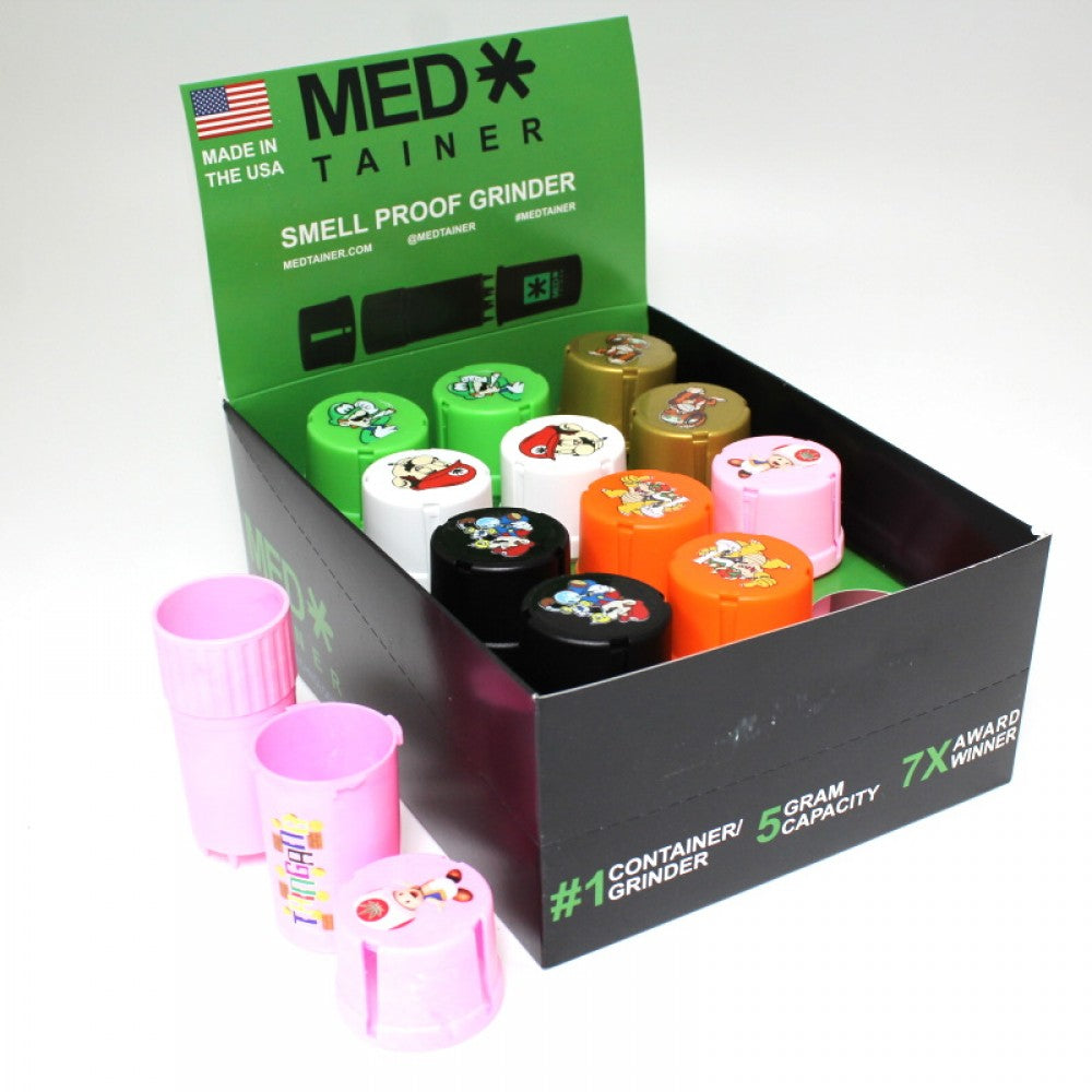 12-piece Med Tainer grinder container set with smell-proof design, durable build, and built-in grinder lid for easy herb grinding and storage.