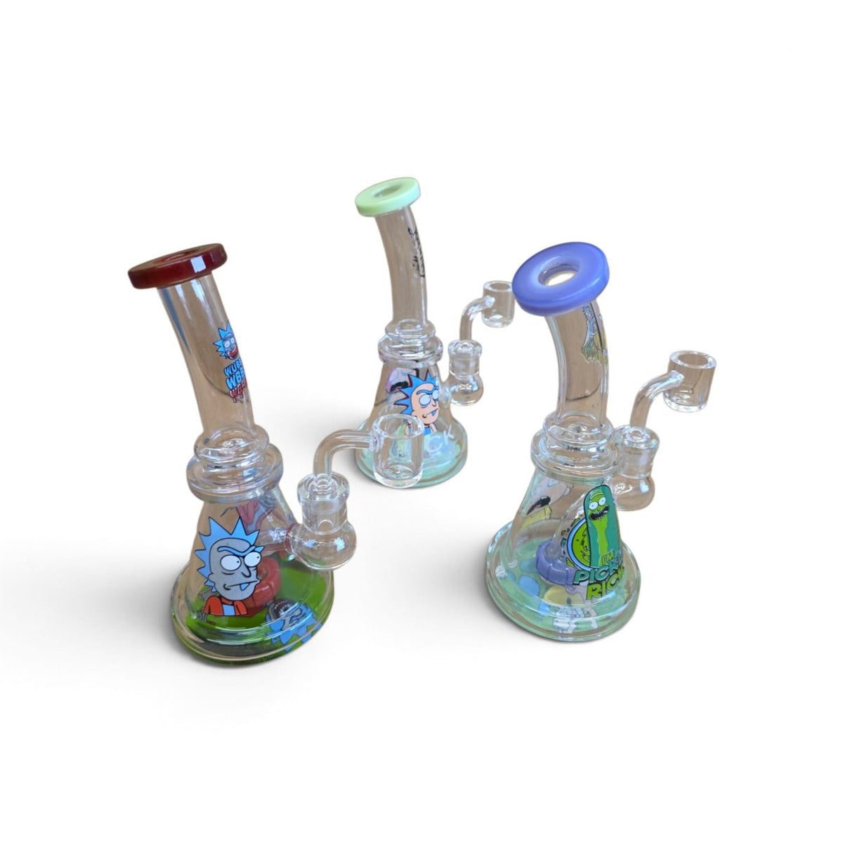 Detailed view of 14mm male quartz banger attached to ground joint of color tube rig