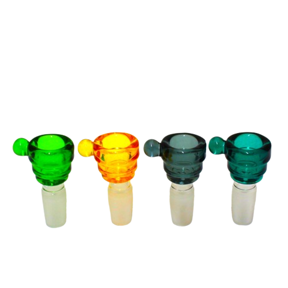 14MM Male Step Handle Color Glass Bowl durable glass on glass accessory with easy grip handle design smooth airflow and heat resistant build.