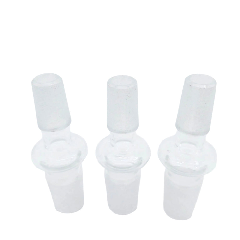 14mm male to male glass adapter connectors for water pipes, designed for secure fitting, smooth airflow, and durable glass construction.