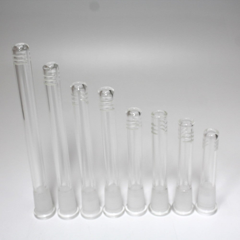 Glass-on-glass downstem adapter converting 18mm male to 14mm female for smooth airflow and compatibility