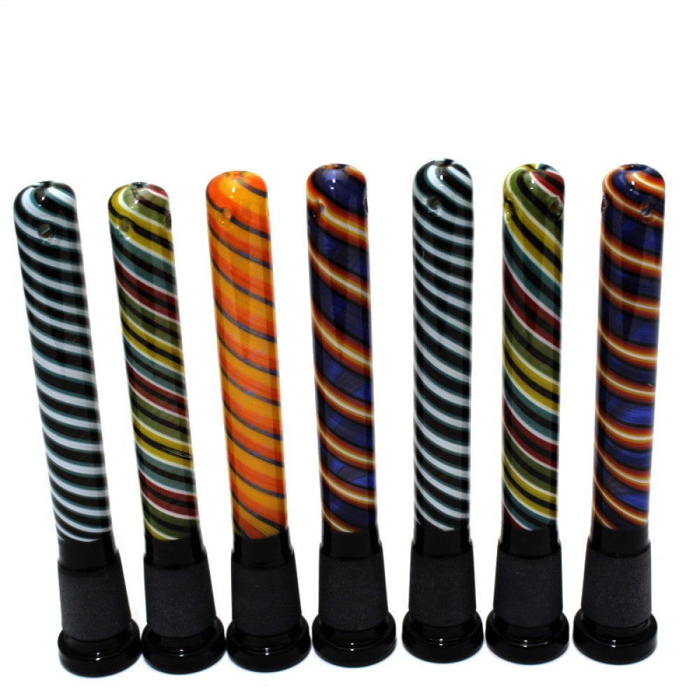 Colorful downstem 18MM male to 14MM female glass on glass adapter made from heat resistant glass.