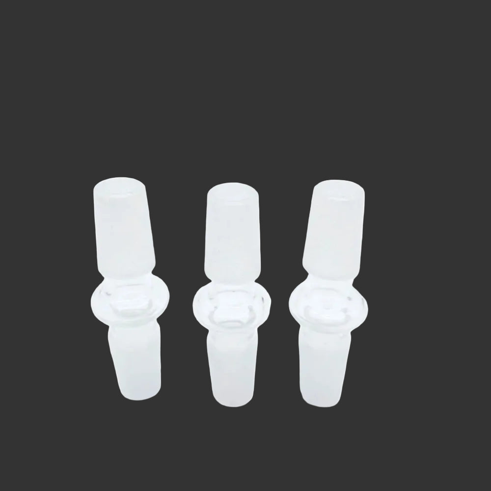 18mm male to 14mm male glass adapter connector for water pipes, designed for secure connection, durable build, and smooth airflow between different joint sizes.