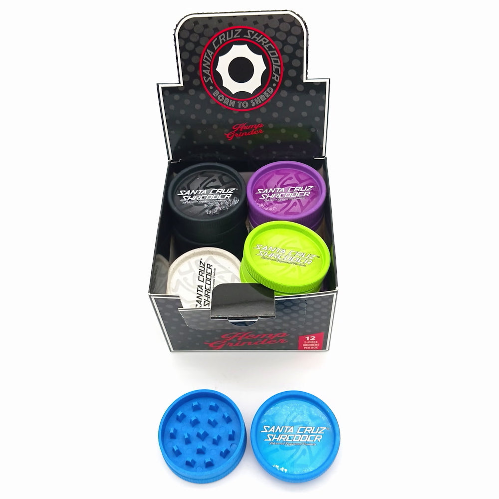 2 Part Santa Cruz Shredder style hemp grinder with eco-friendly material, sharp grinding teeth, and 12 pieces display pack for wholesale use.