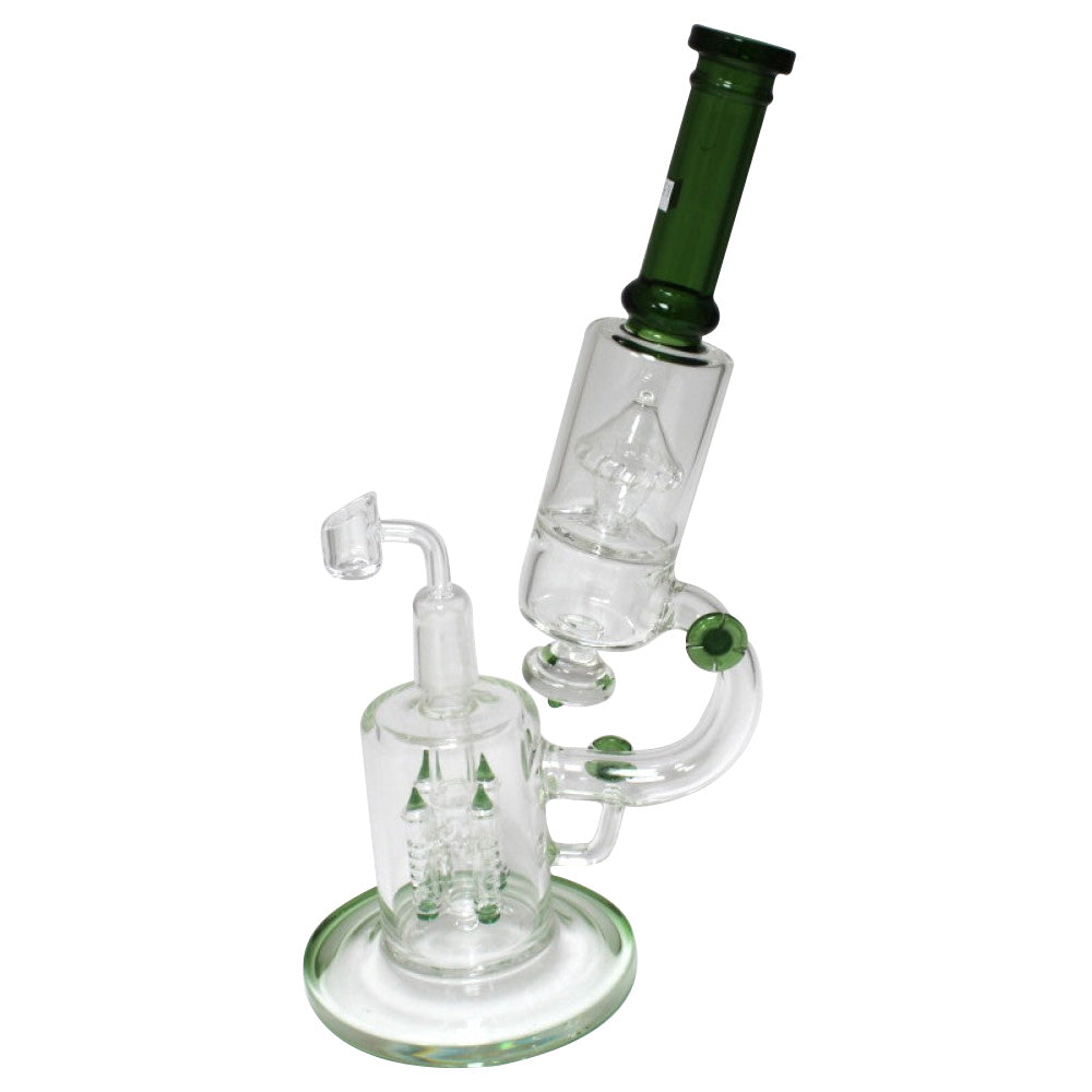 4 Arm Percolator Telescope Water Pipe with Handle Design and 18MM Female Banger featuring heavy-duty glass construction and superior filtration performance.