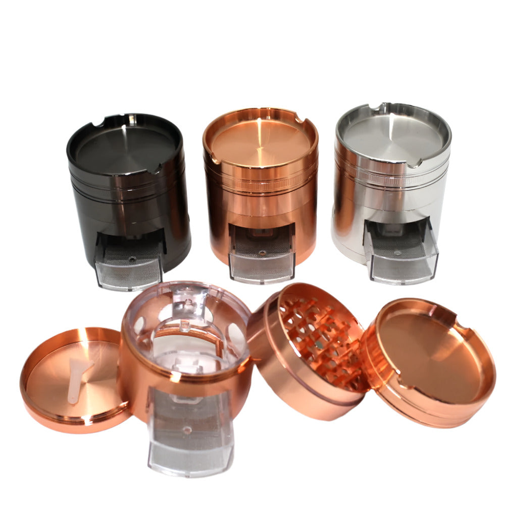 63MM 4-layer heavy-duty metal grinder with ashtray top, built-in drawer, magnetic lid, and assorted color finish.