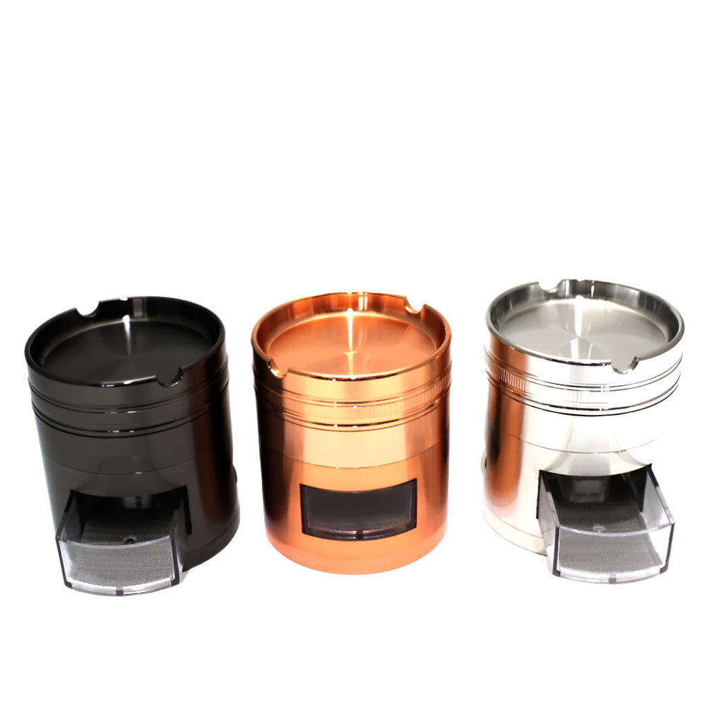 63mm 4-layer metal grinder with ashtray top design, drawer compartment, and durable heavy-duty build.
