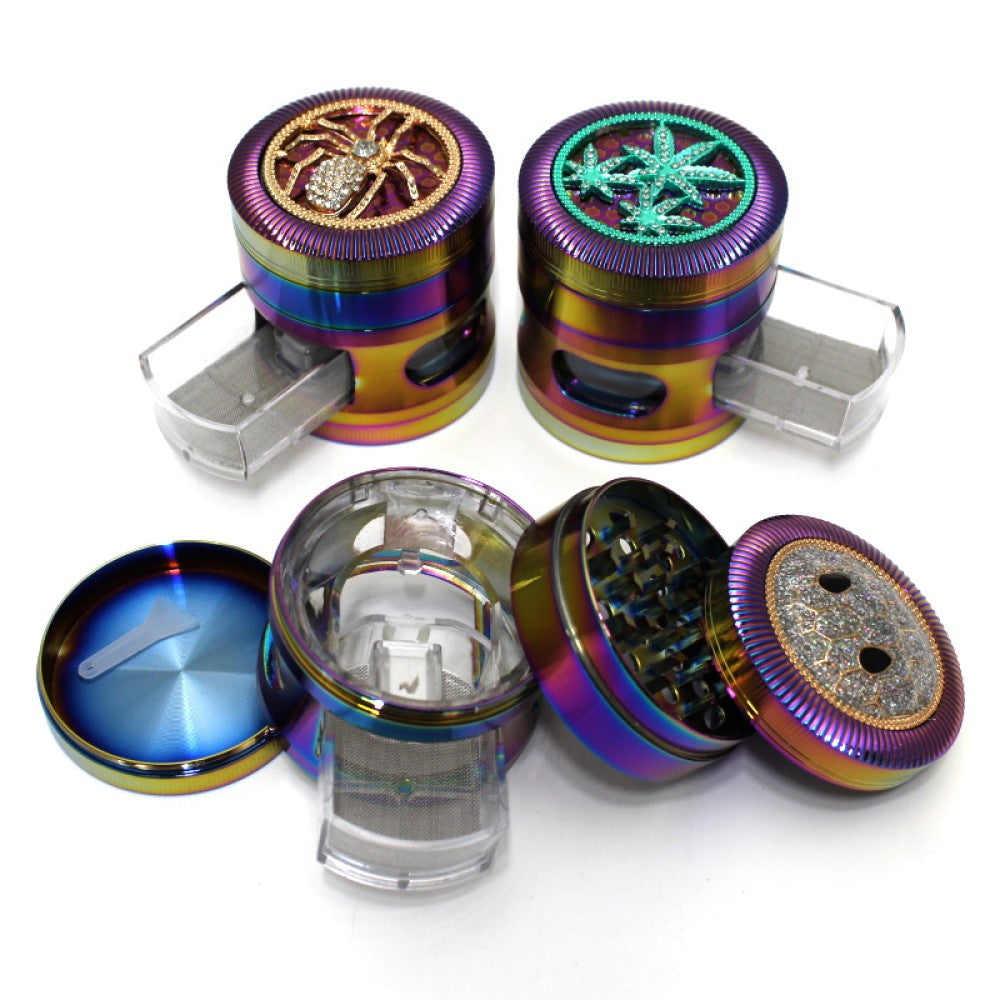 4 Layer Rainbow Color Top Design Heavy Duty Grinder 63MM with drawer storage, sharp teeth, and durable metal body for smooth grinding use.