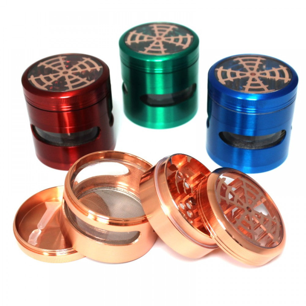 4 Part Assorted Color Window Design Grinder 63MM with transparent viewing lid, sharp diamond teeth, and durable metal body for smooth grinding use.