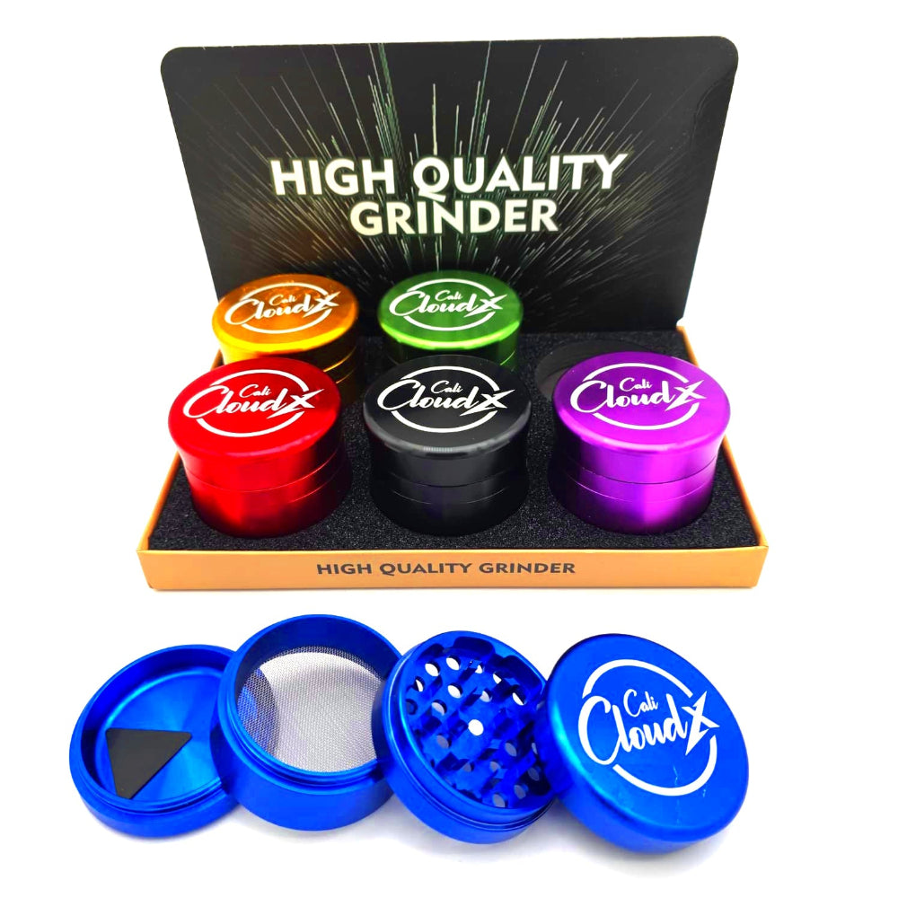 4 part Cali CloudX high quality 63mm grinder made from durable aluminum for smooth grinding and efficient herb processing.