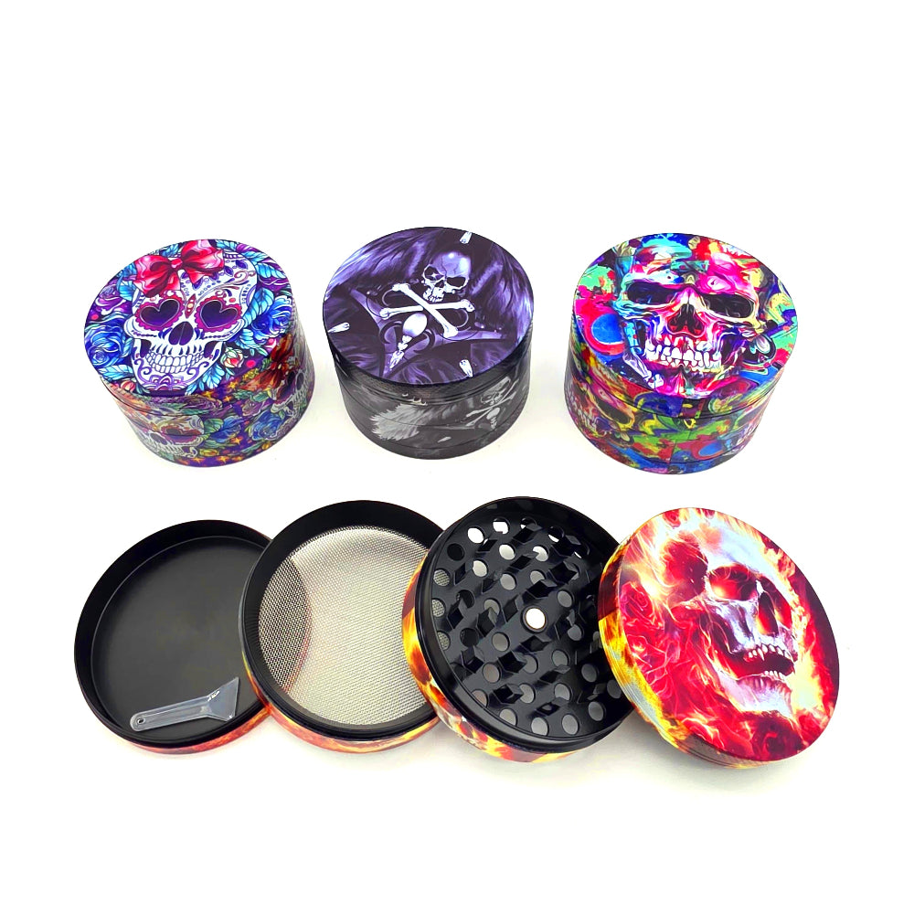 4 part decal design grinder 63mm made from durable metal with sharp teeth for smooth grinding and efficient herb processing.