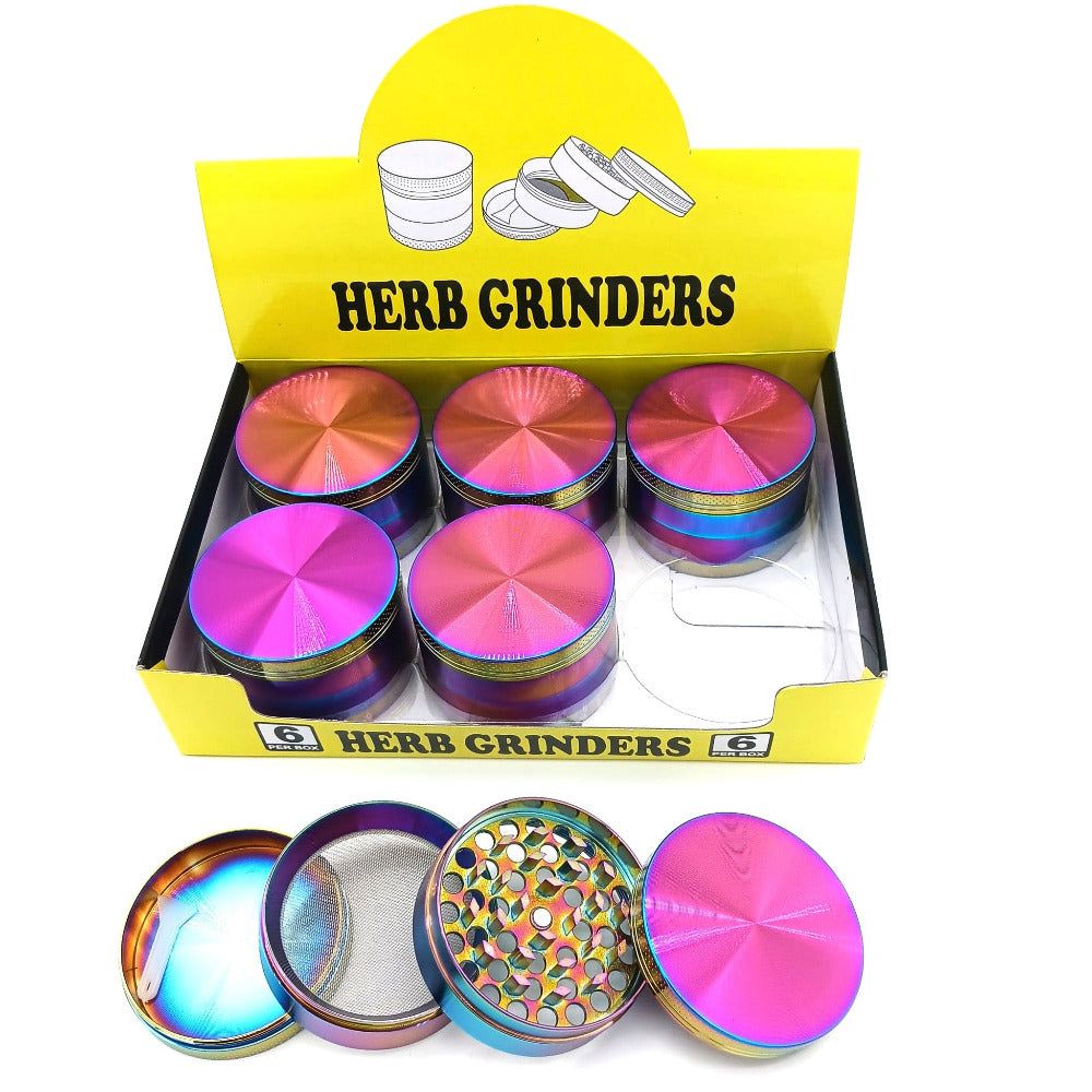 4 part rainbow colour heavy duty grinder 63mm, designed for efficient grinding with sharp teeth, durable metal build, and multi-chamber storage for smooth performance.