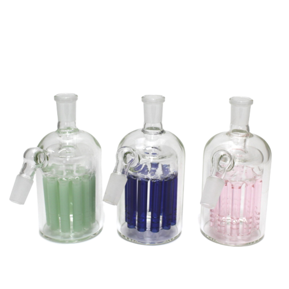 45 degree borosilicate glass ash catcher with tree percolator design, 14mm female to male joints, durable clear glass filtration accessory.
