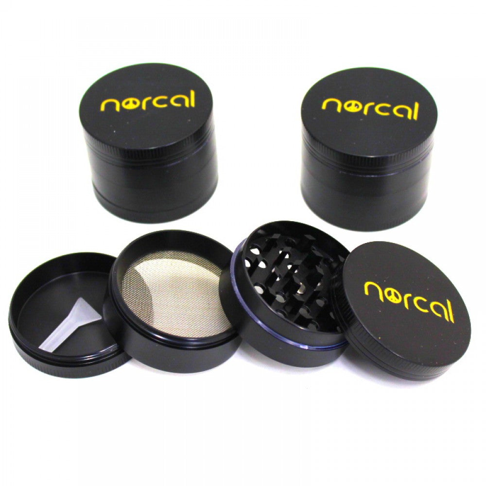 50mm 4-part NorCal metal grinder with sharp teeth, durable construction, magnetic lid, and smooth grinding performance for herbs and spices.