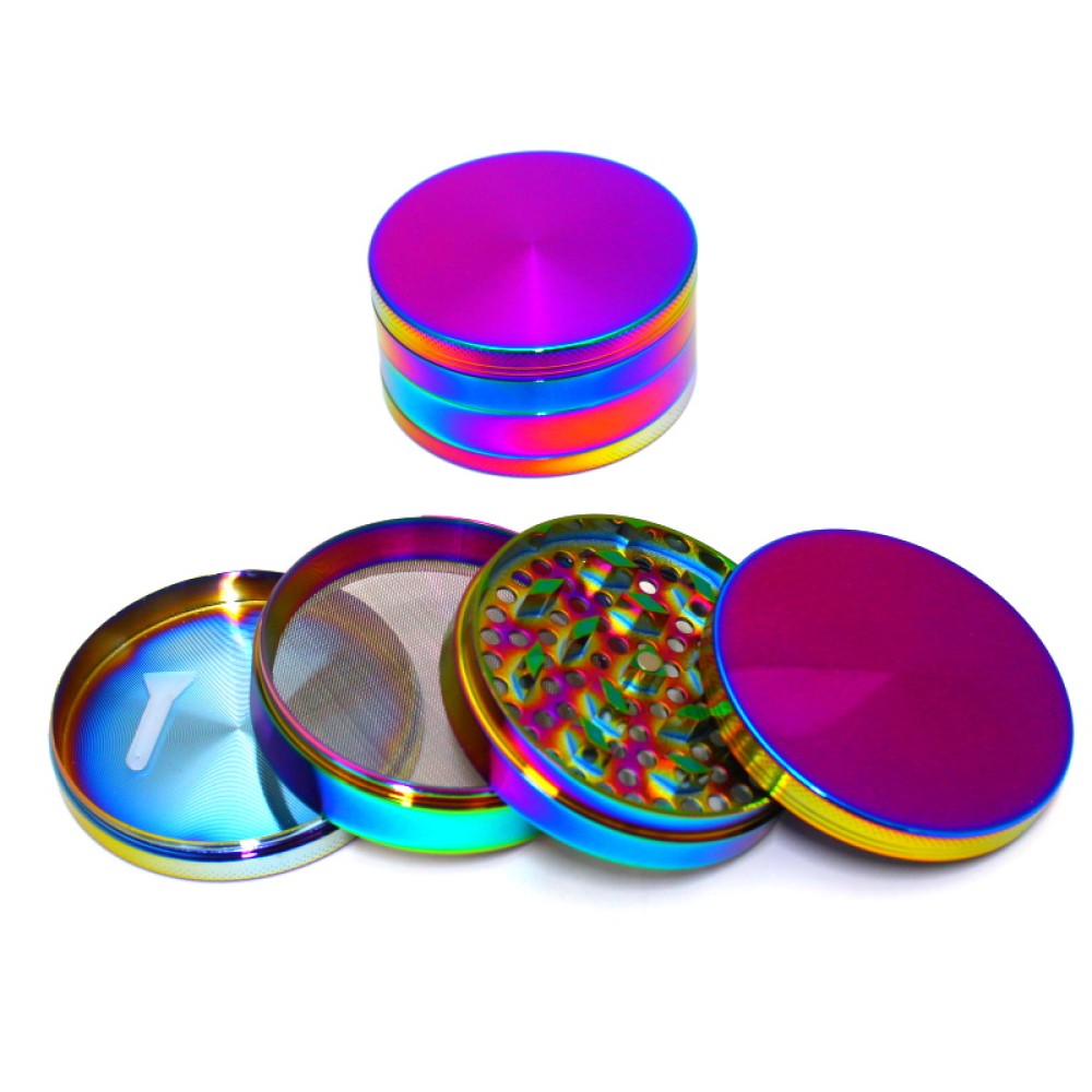 80mm 4-part rainbow color heavy metal grinder with sharp teeth, durable construction, magnetic lid, and smooth grinding performance for herbs.
