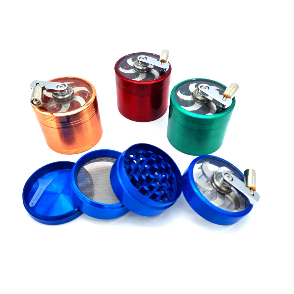 56mm 4-part solid color handle grinder with durable metal body, easy grip handle, sharp teeth, and smooth grinding performance for herbs.