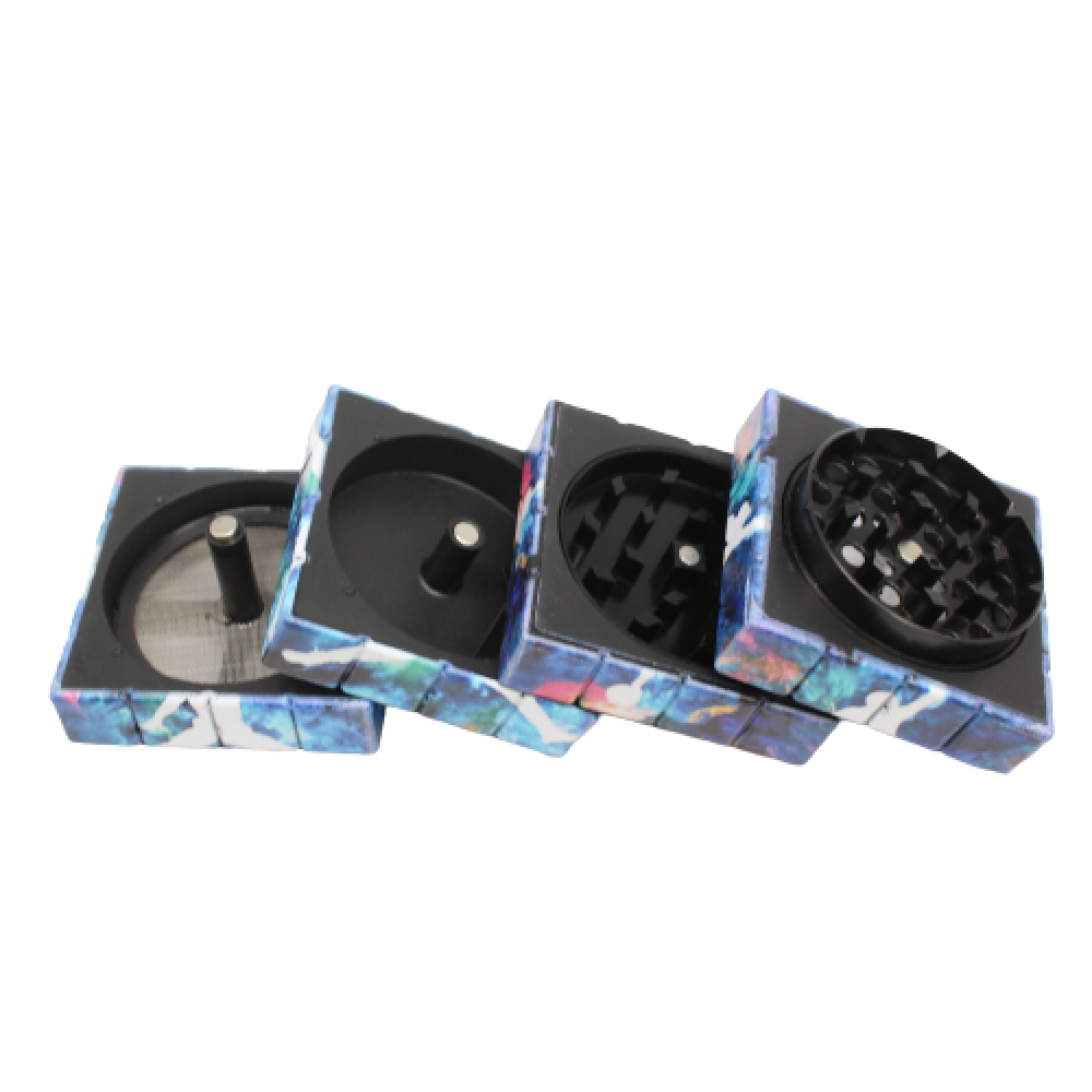 Large 4-part square cube shape metal grinder with sharp teeth, durable construction, and smooth grinding performance for herbs and spices.