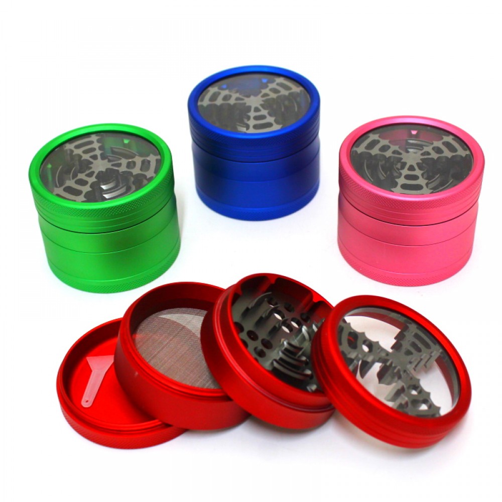 63mm 4-part heavy-duty metal grinder with transparent top, sharp teeth, and durable build for smooth and visible herb grinding performance.