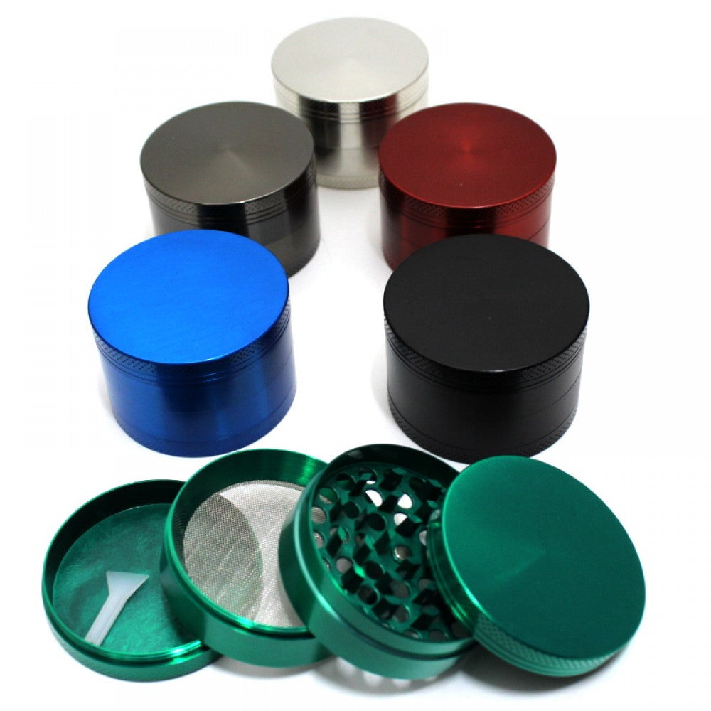 63mm 4-part zinc metal grinder solid color design with heavy-duty build, sharp grinding teeth, and smooth performance for herbs and spices.