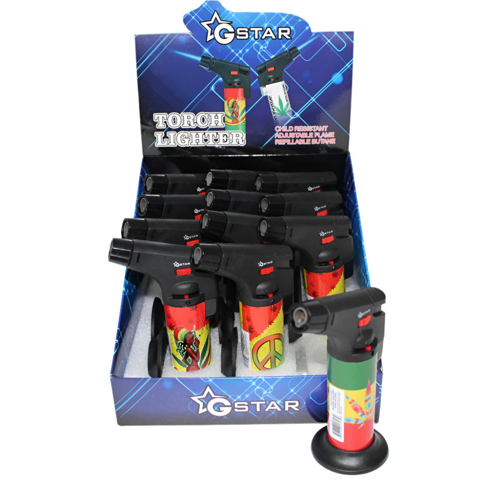 50018 GStar refillable table torch lighter assorted colors 12 piece display durable body strong flame design for reliable ignition and retail wholesale use.