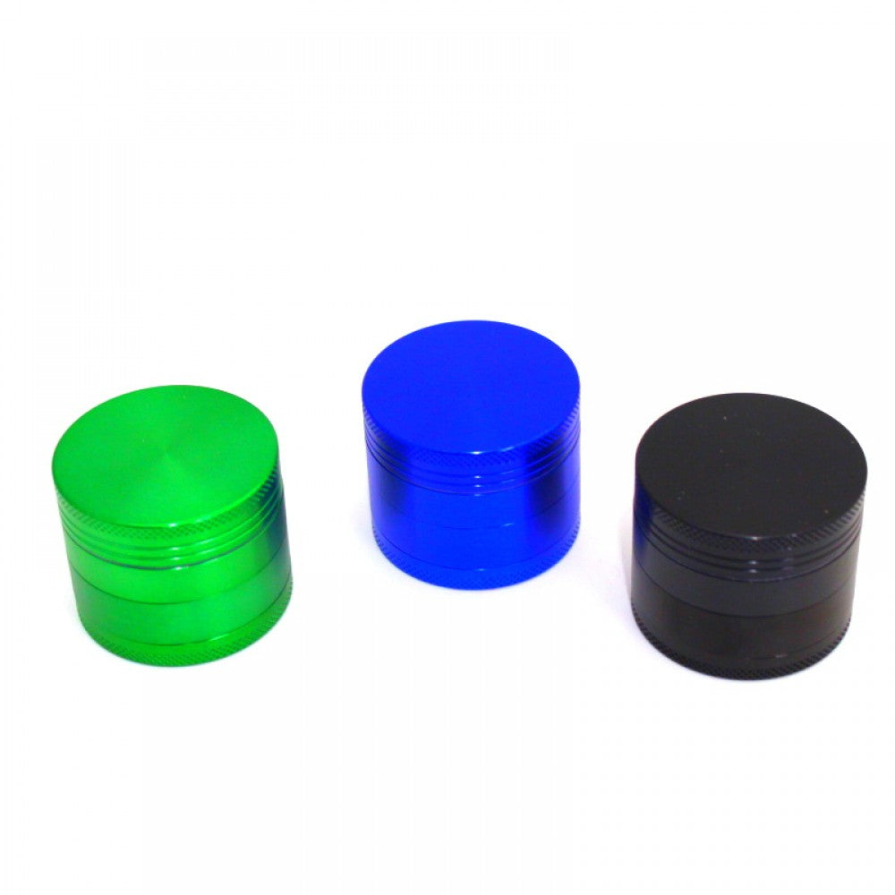 Compact 50MM 4 Part Solid Color Grinder featuring sturdy metal build, pollen screen, and storage chamber for easy and smooth grinding use.
