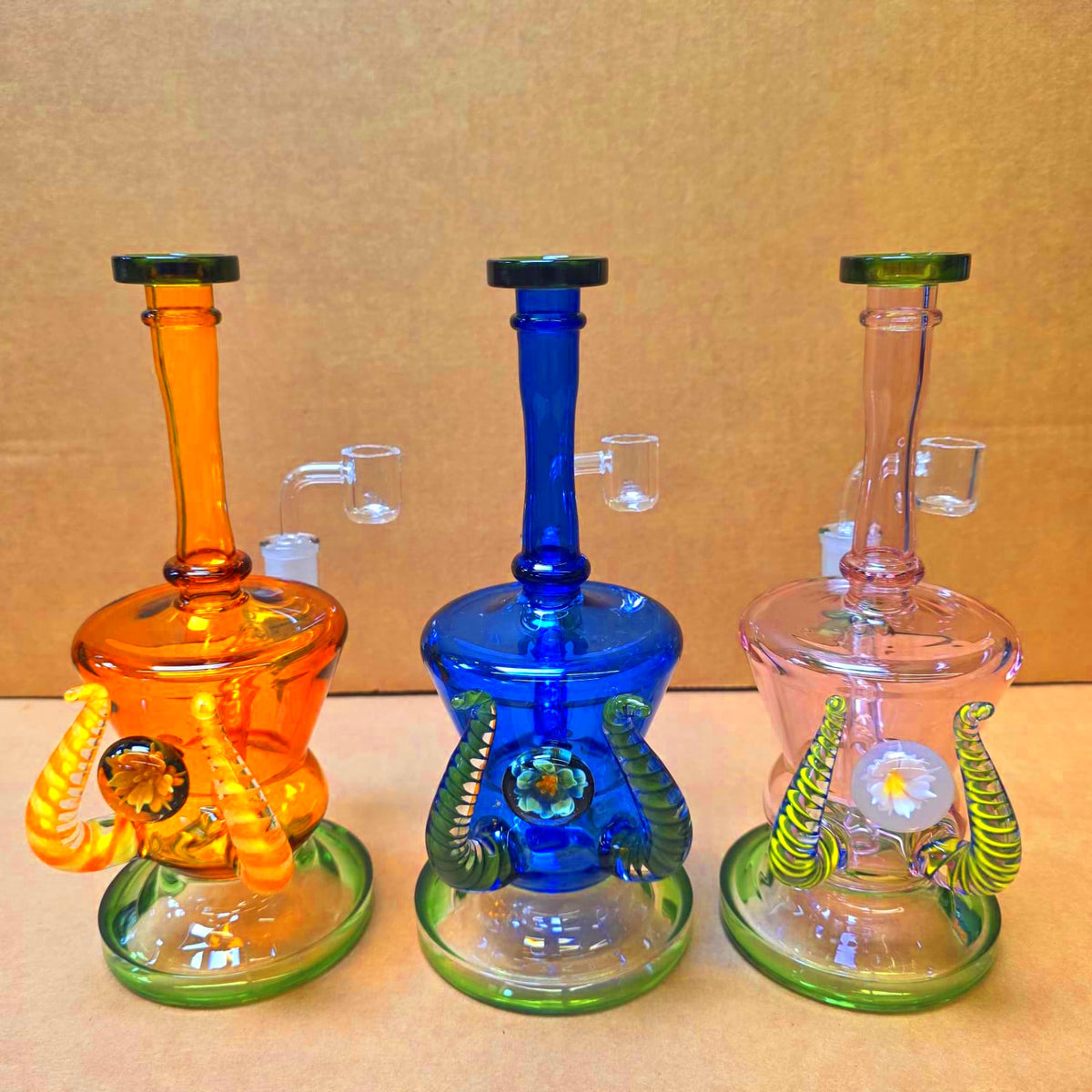 10'' Flat Bottom Colorful Flower Design Water Pipe With 14 MM Male Banger