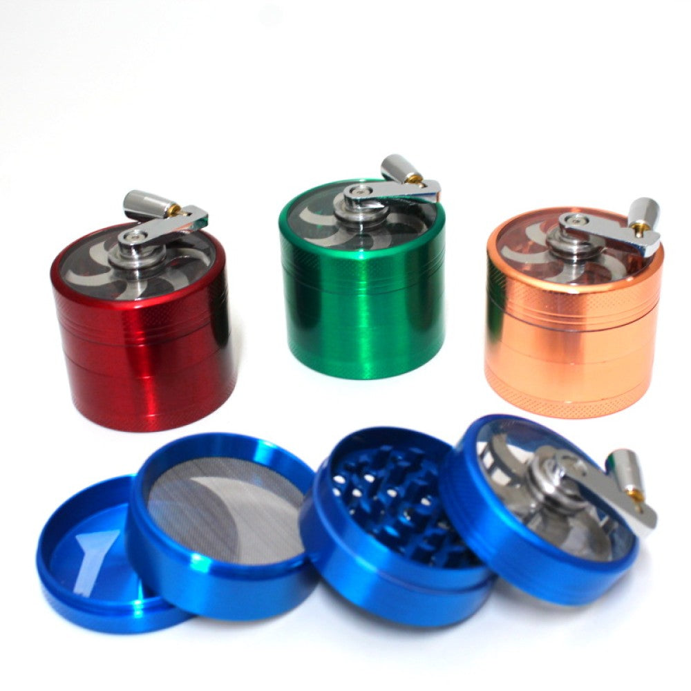 56mm 4-part solid color handle grinder with durable metal build, sharp teeth, and easy grip handle for smooth herb grinding performance.