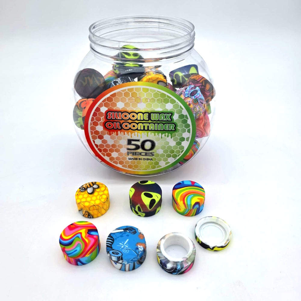 5ml silicone printed color containers 50pcs in jar pack designed for portable storage, non-stick surface, and secure concentrate handling.