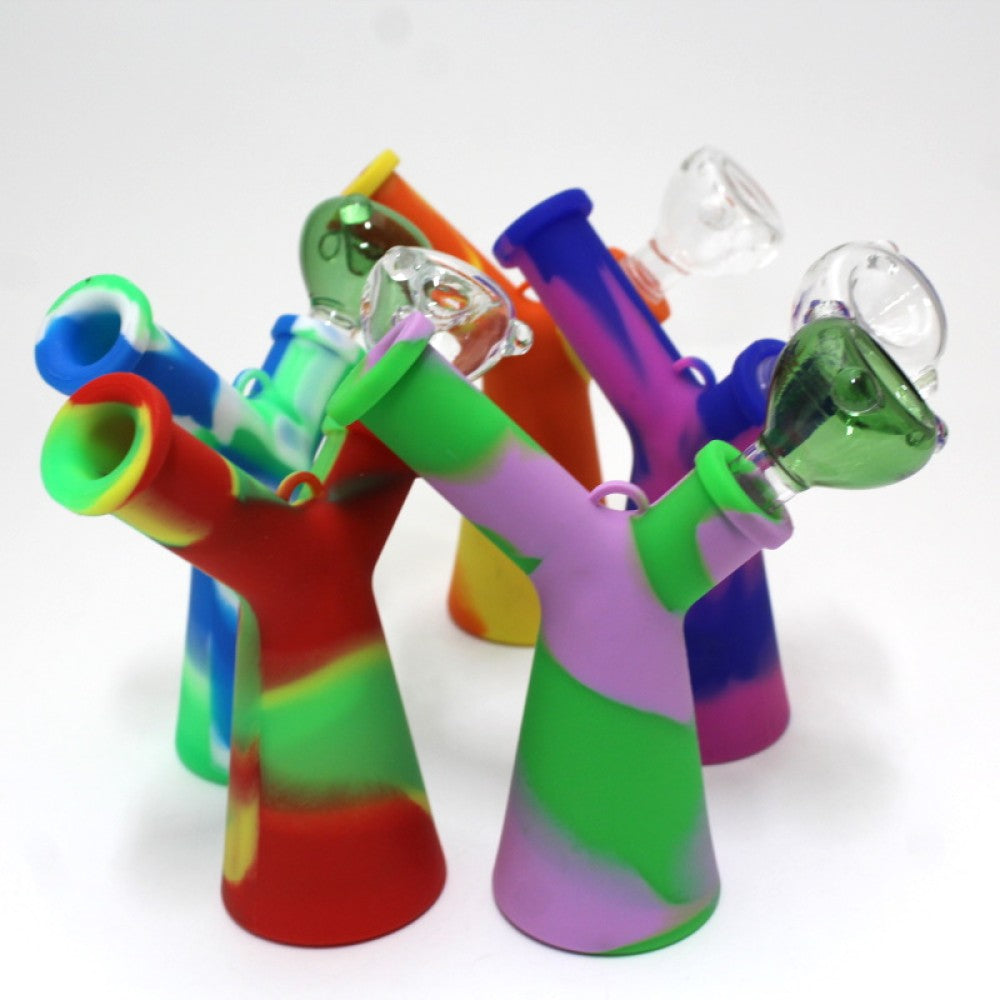 6" Silicon Multi Color Side Arm Dab Rig Water Pipe With 14 MM Male Banger