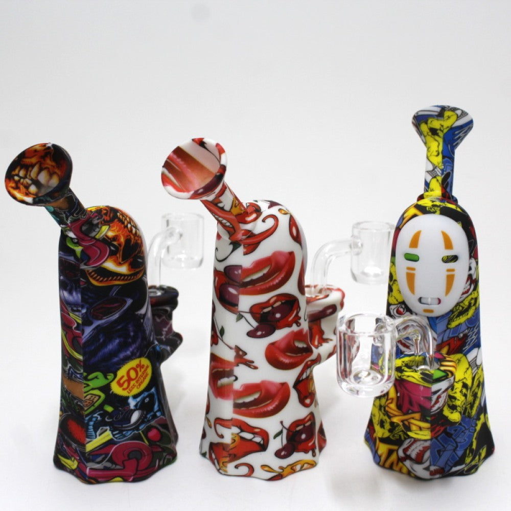6" Silicon Multi Print Color Dab Rig Water Pipe With 14 MM Male Banger