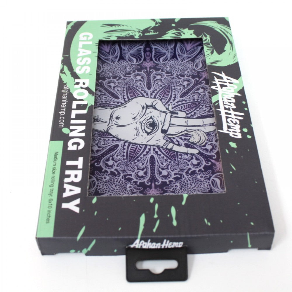 6 x 10 inch glass rolling tray with Afghan hemp print, strong tempered glass build, smooth finish, and easy-to-clean durable surface.