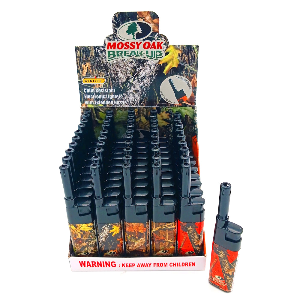 Winlite Mossy Oak camo extended fixed flame lighter 50 count display pack, durable wind-resistant design for reliable ignition and outdoor use.
