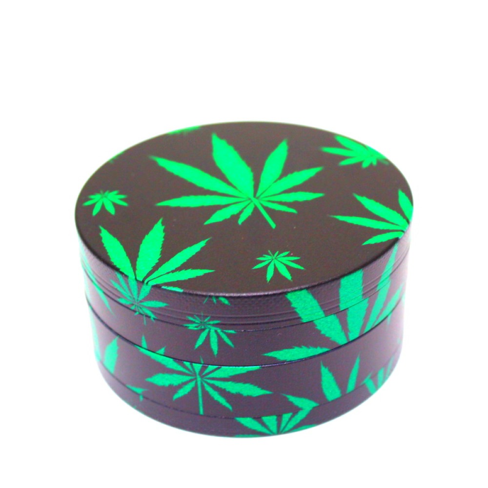 Large 80mm 4 Part Decal Design Metal Grinder featuring a pollen screen, collection chamber, and decorative printed finish.
