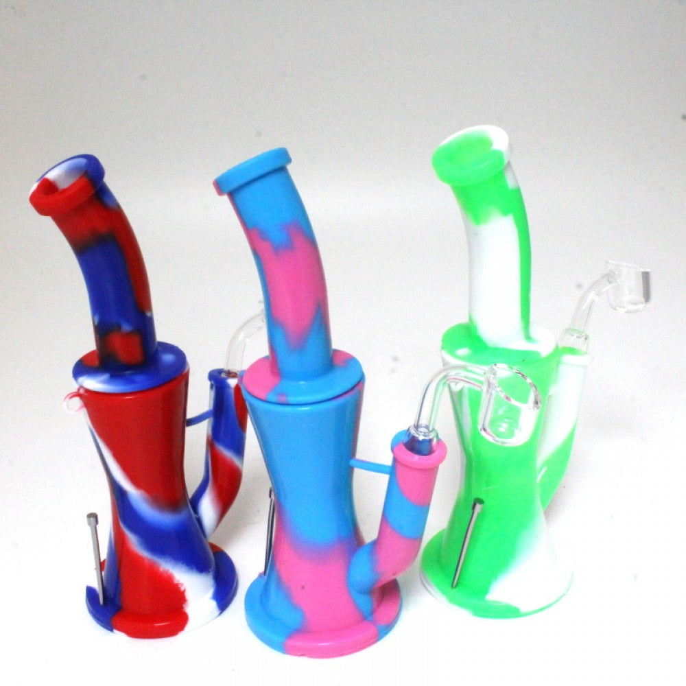 8'' Silicone Flat Bottom Multi Color Dab Rig Water Pipe With 14 MM Male Quartz Banger And Metal Dabber