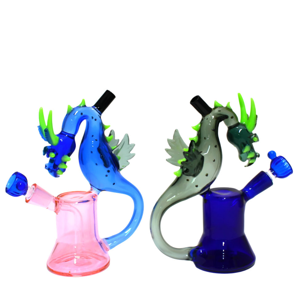8-inch water pipe with intricate dragon design and 14mm male banger