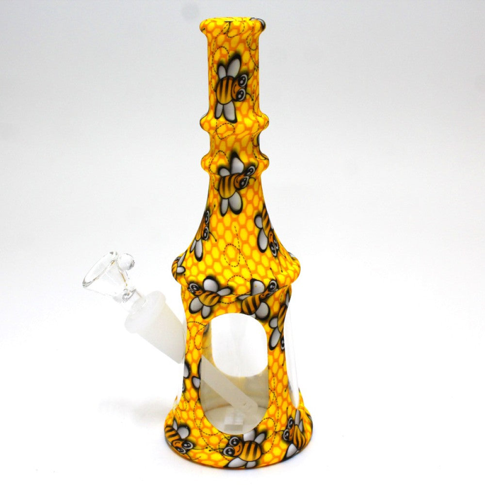8" Silicone Printed Color with Glass Tower Water Pipe