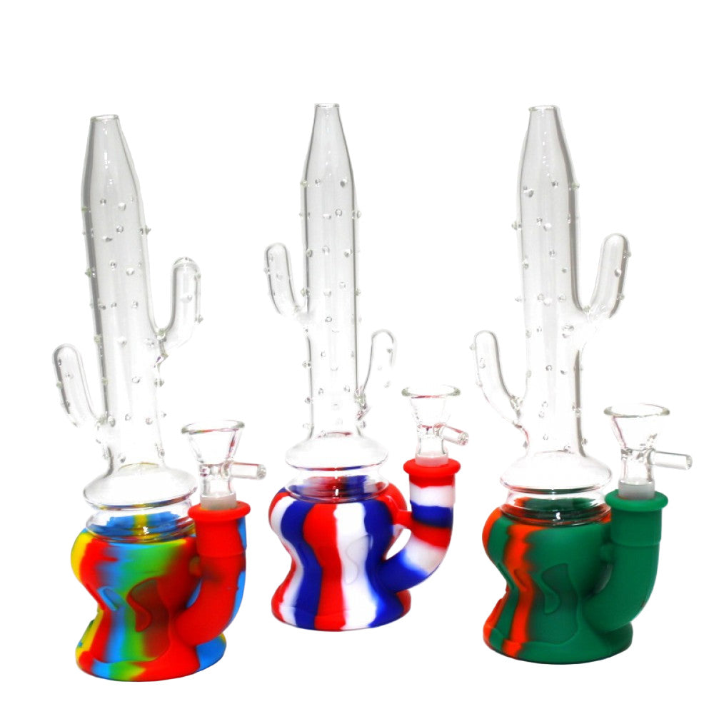 9 inch silicone and glass water pipe featuring a cactus design with removable glass bowl for smooth smoking sessions.