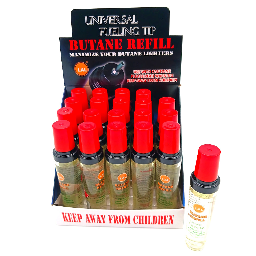90-11 mini butane 18ml 20 count display premium lighter refill fuel canister, high-purity clean burning, leak-resistant and suitable for torches and lighters.