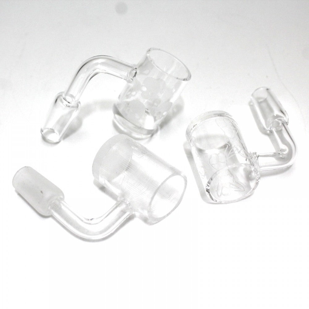 90 degree art design bucket quartz banger 14MM male made from heat resistant glass for smooth airflow and durability.