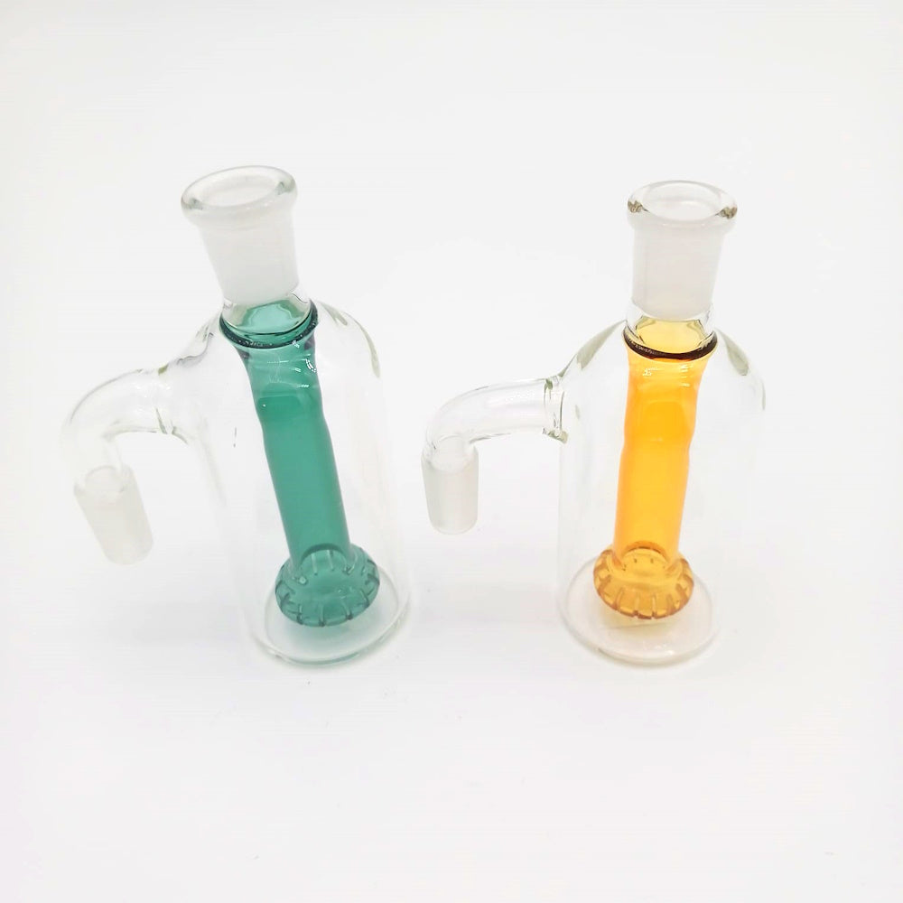 90 degree ash catcher color tube with 14mm female to 14mm male joint, durable glass accessory for improved filtration and cleaner smoking experience.