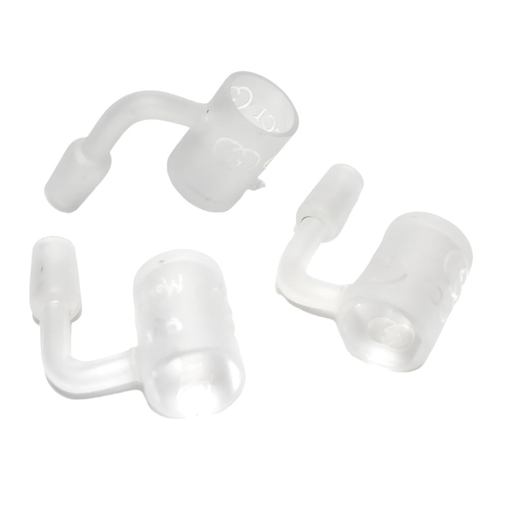 90 degree frosted bucket quartz banger with 14mm male joint designed for dabbing rigs, offering heat resistance and smooth vapor production.