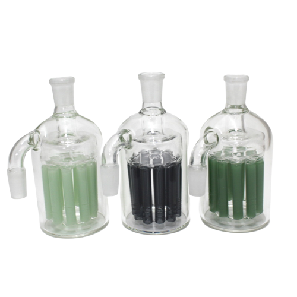 90 degree borosilicate glass ash catcher with tree percolator design, 14mm female to male joint, durable and easy-to-clean filtration accessory.