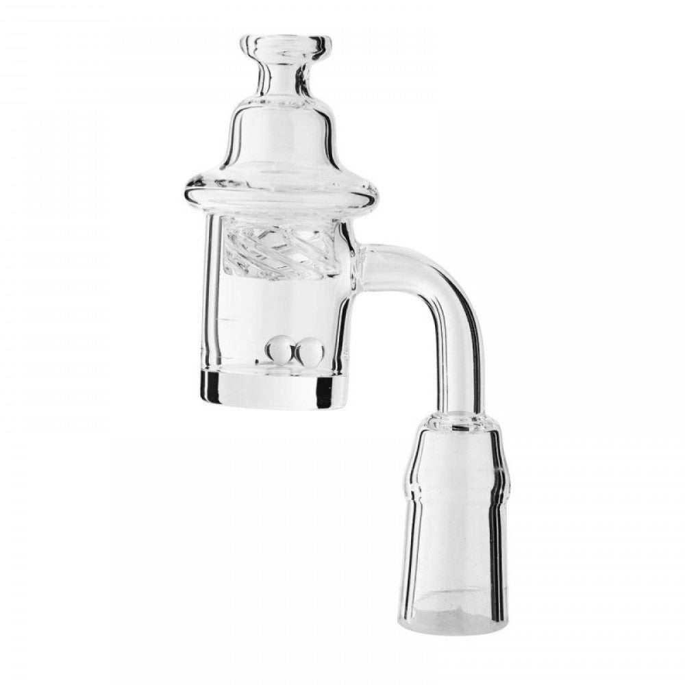90 degree quartz banger nail 14MM female with ball insert and spinning carb cap for smooth airflow and efficient vaporization.