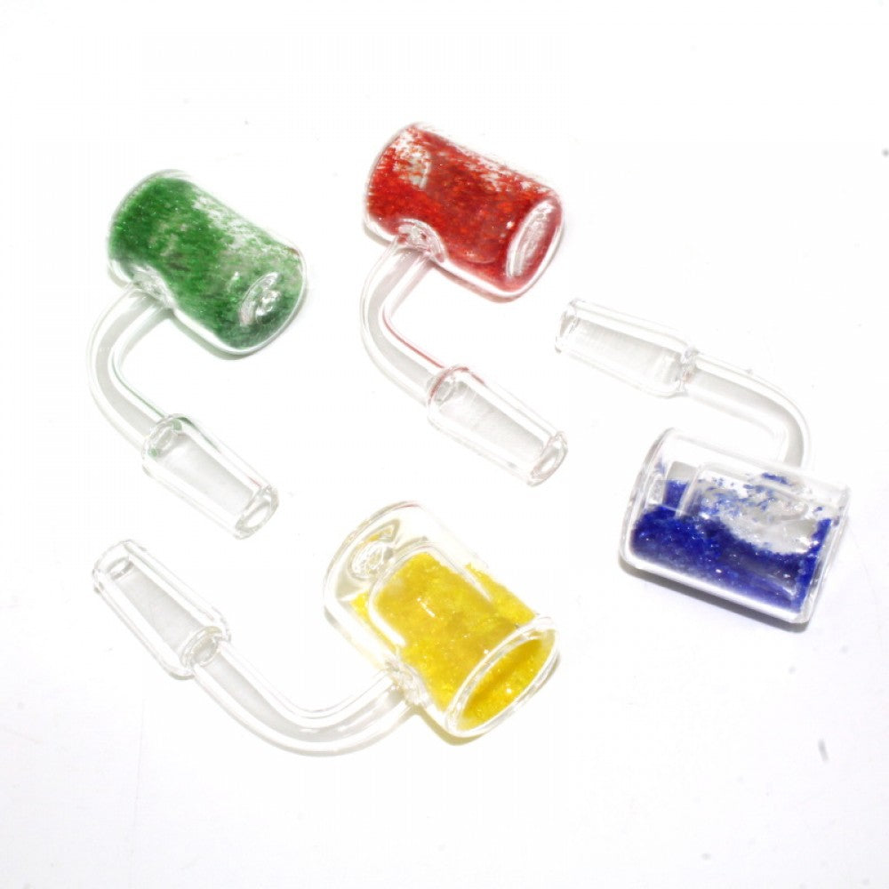 90 degree thermochromic quartz banger 14MM male with color changing sand thermal design for heat resistance and smooth performance.