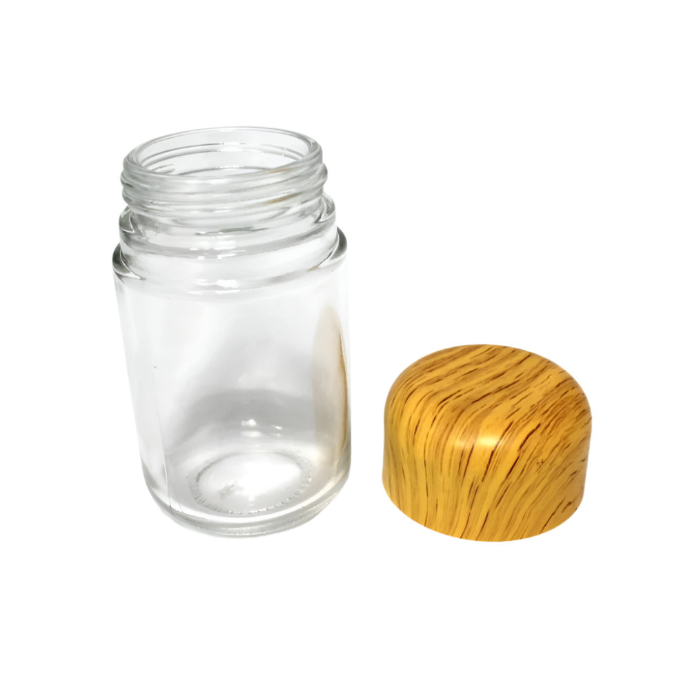 90 ML wooden top glass jar with airtight lid, compact and durable storage container for spices, herbs, and small household essentials.