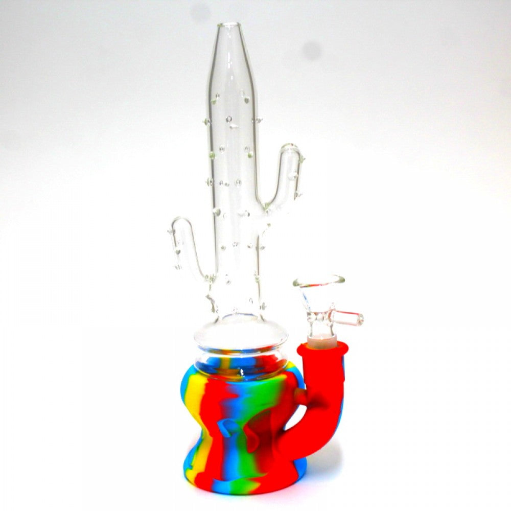 9" Silicon with Glass Cactus Design Water Pipe with Bowl