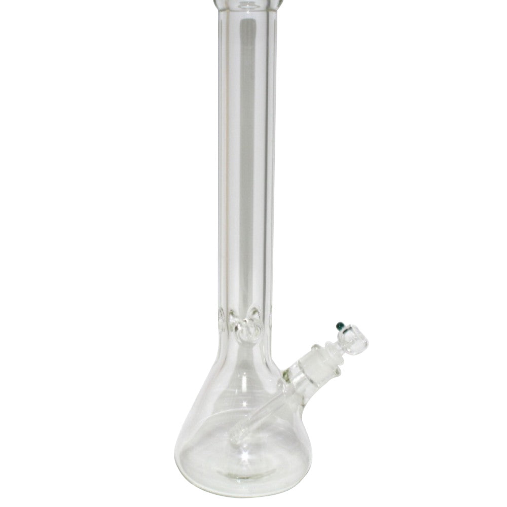 9MM clear beaker water pipe featuring thick glass construction, glass-on-glass connection, stable beaker base, and smooth filtration.