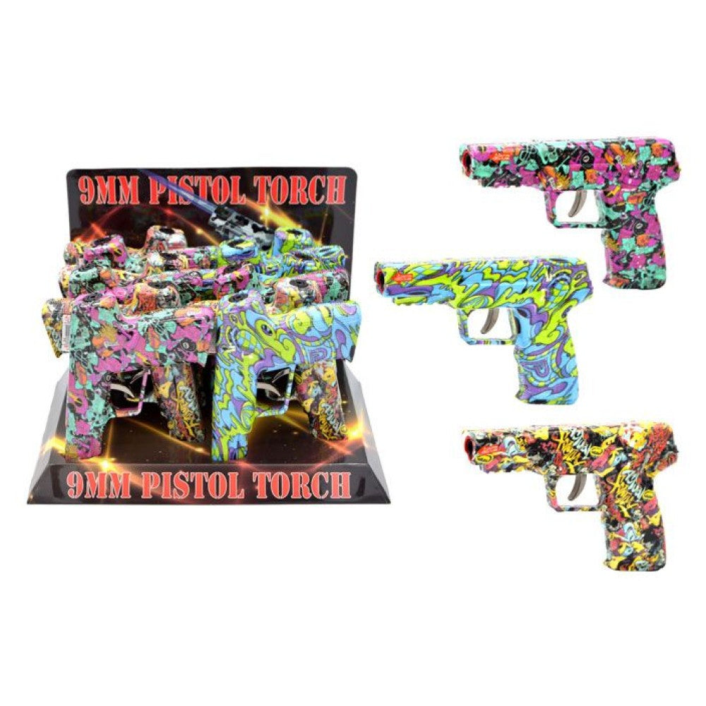 9mm pistol design torch lighter by Techno Torch with strong torch flame, refillable butane system, and realistic compact design, 12ct display pack.